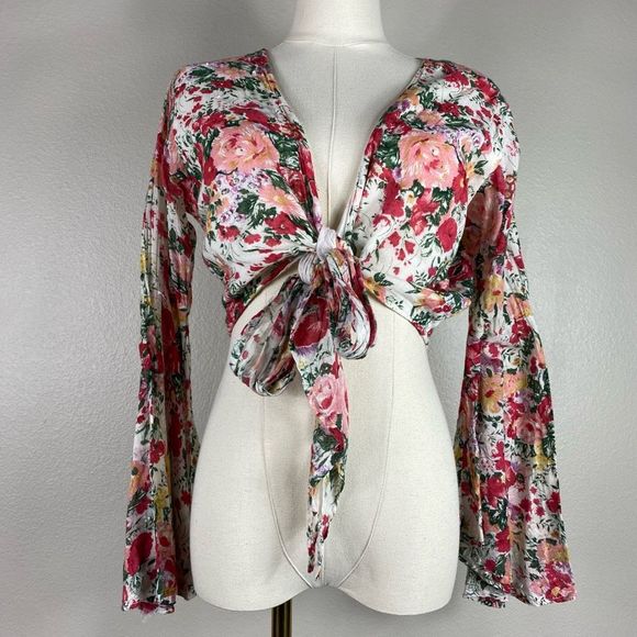 Vintage Tops - Vintage floral bell sleeve tie front blouse